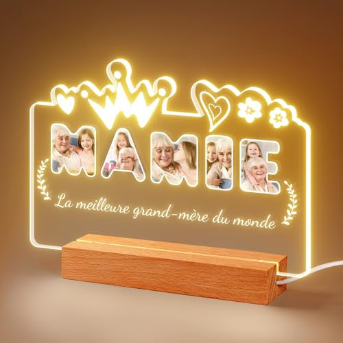 Easycosy Cadeau Mamie Personnalisé -Lampe Personnalisé Cadre Photo en Verre Personnalisable Veilleuse Gravée avec Photo- Cadeau Fête des Grand-Mères Cadeau Anniversaire Mamie Idée Cadeau pour Mamie