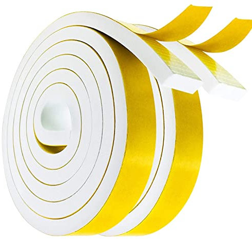 Draught Excluder Self Adhesive Foam Tape 25mm(W) x 10mm(T) Window Door Weather Stripping SoundProof Weather Strip Tape Seals for Gap Seal,2 Rolls, Total 4M Long White
