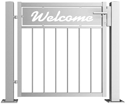 Gartentor Edelstahl V2A - Motivblech Welcome - Vertikalfüllstreben - Gartentüre, Zauntor, Terrassentür, Grundstückstor, Einganstor (mit Pfosten DIN rechts Klebeanker Beton)