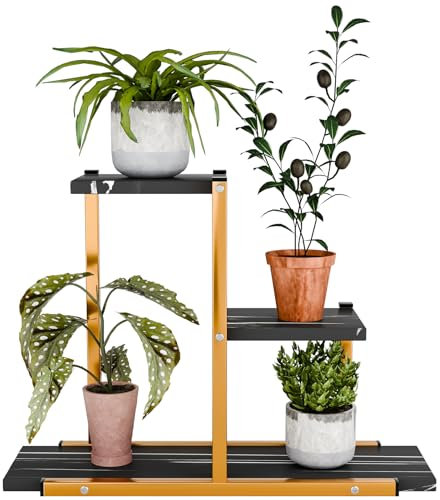 iondelce 6 Etagen Hohe Pflanzenständer,106cm großes Metall Blumentöpfe Regal für mehrere Pflanzen, Tiered Plant Holder Display Rack für Garten Terrasse Büro Wohnzimmer (Schwarz-Gold 3 Etagen)