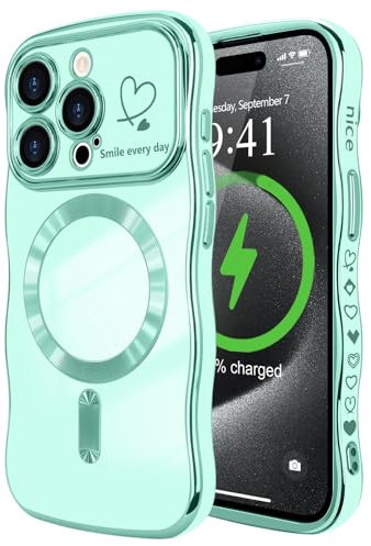 LCHULLE Magnetisch Handyhülle für iPhone 15 Pro Max Hülle [Kompatibel mit Magsafe] Liebesherz Schutzhülle Kameraschutz Wellen Lockige Form Galvanisch Silikon Case für iPhone 15 Pro Max Hellgrün