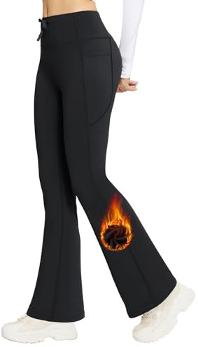 baleaf Women's Fleece Lined Yoga Pants Thermal Flared Leggings with 4 Pockets Drawstring High Waisted Bootcut Legging Black XL