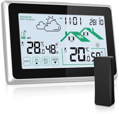 Wetterstation Funk mit Außensensor, Funkwetterstation für Temperatur und Feuchtigkeitsüberwachung Innen/Außen mit Wettervorhersage, Thermometer, DCF Funkuhr und LCD Touchscreen