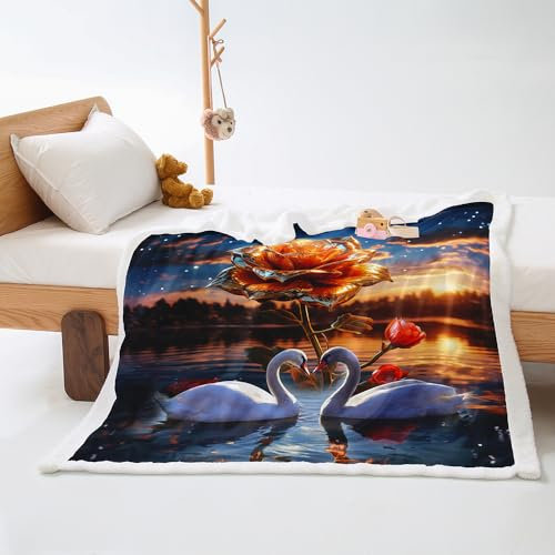 Plaid Rose Orange Cygne Jeté de Canapé Flanelle et Laine Agneau Plaid Canape Conception Recto Verso Couverture Mou Plaid Polaire Soins Faciles Plaide Lavable Couverture Laine 150x200cm