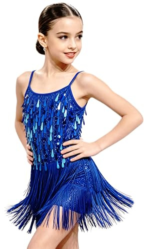 LOLANTA Girls Sequin Fringe Dance Costume, Kids Salsa Rumba Latin Dancing Clothes Set, Sparkling Sleeveless Tassel Dance Mini Dress with Shorts