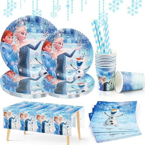 F-rozen Vaisselle de Fête Assiette for 10 People, 61 pièces Assiette Jetable Anniversaire, Kit Anniversaire Reine des Neiges, Inclure 20Assiettes, 10 Gobelets, 20 Serviettes, 10 Pailles, 1 Nappe