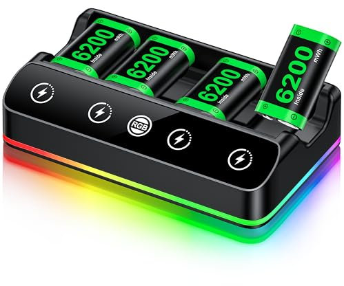 HELLCOOL Batteria per controller Xbox, 4 batterie da 6200 mWh ricaricabili con dock di ricarica/Cool RGB/cavo di ricarica, caricabatterie per Xbox Series X|S,One/Elite/S|X