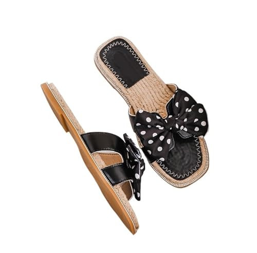 YDYAENIO Sandales de Paille pour Femme Tongs en Tricot de Paille for Femmes, Pantoufles à nœud Papillon, Chaussures à glissière en Cuir à Paillettes for Femmes(Black2,9.5)