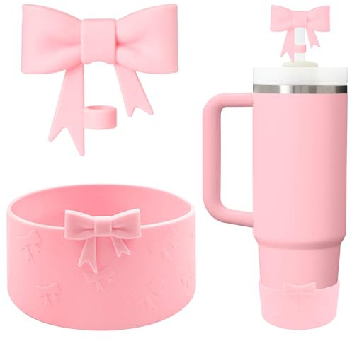 Tarange Accessories for Stanley Cup with 10 mm for Stanley Cup Straw Cover and Cute Bow Silicone Base, for Stanley Cup Accessory Set, 30 and 40 Oz, Reusable (Pink)