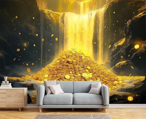 Mountain Peaks Waterfalls Golden Colours 3D Wallpaper Feature Office Living Room Sofa Bedroom TV Background Wall Decoration-430cm×300cm