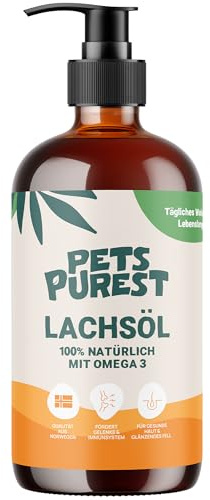 Pets Purest Huile de saumon pour chiens et chats 1000ml – Huile de saumon norvégienne pure avec oméga 3-6-9 et vitamine E – Soutient la peau, le pelage, les articulations et le système immunitaire