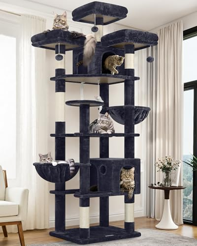 Globlazer F82 Kratzbaum XXL 209cm Luxus Schloss für Große Katzen Dunkelgrau | Katzenbaum Stabil über 2 Meter mit 3 Sitzstangen, 2 Katzenhaus, 2 Korb Plattform, Aktivitätskratzbäume für 2/3/4 Katzen Innen