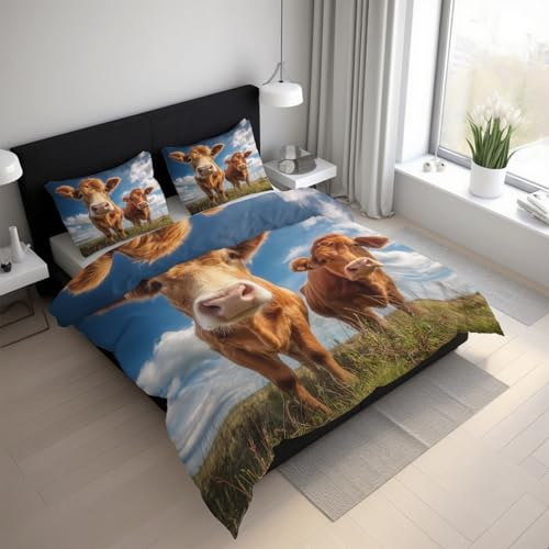 Generisch Bettwäsche 135x200 Kuh Bettwäsche Set, Kuschelige Microfaser Rinder Wiese Nutztiere Wendebettwäsche und 1 Kissenbezüge 80 x 80 mit Reißverschluss HS4d