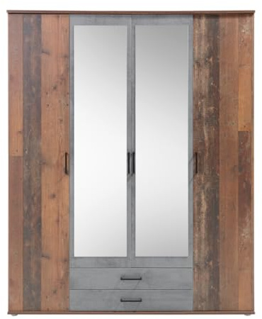 Arthauss Chicago 4-Door Mirrored Wardrobe – Old Style Dark & Grey Oxide W159 x H196 x D54 cm | Industrial Elegance with Spacious Storage