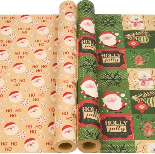Kraftpapier-Geschenkpapierrolle: Recycelbares Weihnachtspapier mit Weihnachtsmannmotiv für Weihnachtsgeschenke und Partydekoration – 2 Rollen à 43 cm x 12 m