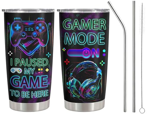 Komergave Gamer Gifts for Boys Men, 20oz Travel Mugs for Hot Drinks, Leakproof Stainless Steel Insulated Coffee Cup Thermal Tumbler with Straw and Lid for Gaming Lovers Birthday Christmas Gifts
