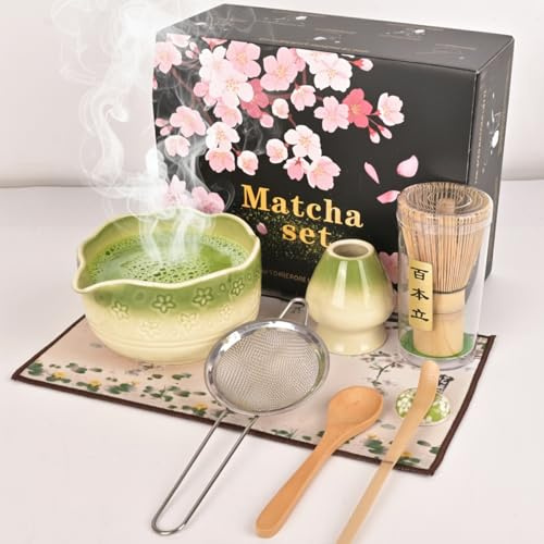 Bamysol Matcha Whisk Set 8 Piece with Matcha Bowl, Bamboo Whisk & Holder, Sifter, Scoop, Tea Towel – Luxury Green Gradient Matcha Making Kit –Ideal Gift Box for Tea Ceremony