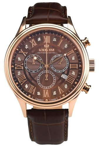 LOUIS XVI Danton 1506 - Ø 44 mm - Herren Uhr - Wasserdicht - Uhr Roségold mit Saphirglas - Armband Braun - Zifferblatt Braun mit Diamanten - Schweizer Quarzwerk