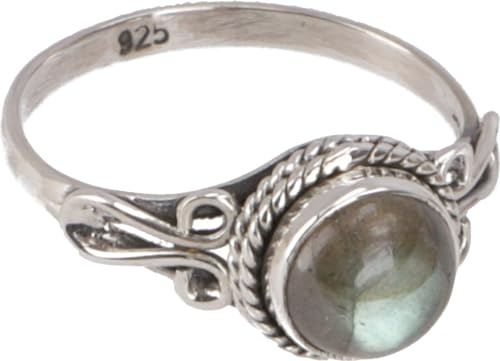 GURU SHOP Boho Silberring, filigraner, indischer Edelsteinring für Frauen | Zierlicher Silberring, verziert, leuchtender Labradorit, elegantes Design