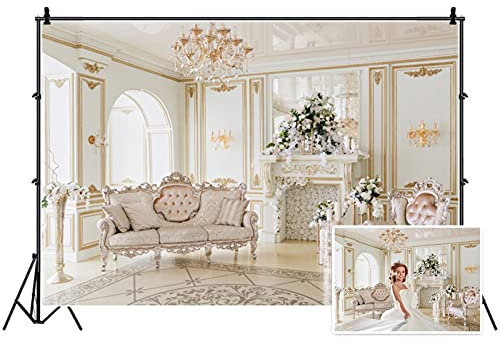 AOFOTO 7x5ft Luxury Indoor Furnishing Backdrop Chandelier Chair Mantel Flower Photography Background Adult Portrait Aristocratic Interior Decoration Photo Shoot Studio Props Video Drop Wallpaper Drape