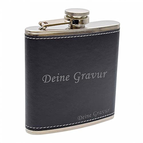 Flachmann Leder Schwarz mit Gravur personalisiert mit Namen oder Datum | Geschenke für Männer | Gravierte Schnapsflasche