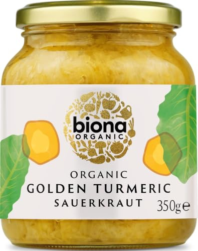 Biona Demeter Organic Sauerkraut Golden Turmeric 350g | Demeter Certified Organic, Fermented Cabbage with Golden Turmeric, Naturally Gut Friendly, No Additives & Vegan