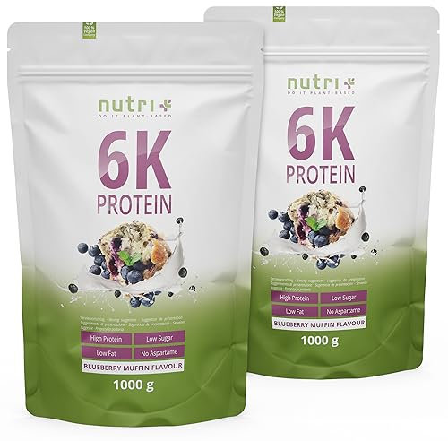 Nutri + Proteinpulver Blueberry Muffin 2 kg - Eiweißmix Blaubeere - Mehrkomponenten Eiweiß Pulver - 6k Proteinmischung mit 80% Protein ohne Zucker