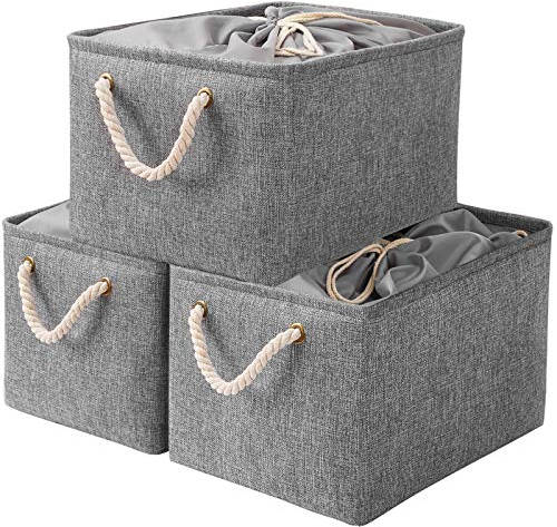 Yawinhe Fabric Wardrobe Storage Basket 3 Pack, Boxes with Drawstring Cover and 2 Handles, Foldable Bins for Cupboards, Shelves, Small Size, Grey, SNK003GS