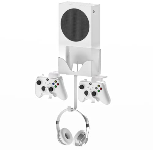 Hosanwell XboX Series S Wall Mount Bracket 4 in 1 Bundle Set, Dual Controller Holder & Headphone Hanger, Heat Dissipation, Comes with Non-Slip Mat, Easy Installation, Not for Xbox One S