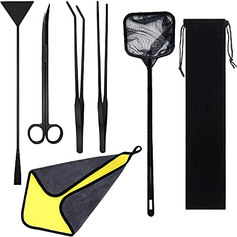 Cayway 7 PCS Wasserpflanzen-Aquarienwerkzeuge, Aquarienpinzetten, Edelstahl Lange Aquascaping-Werkzeuge Bonsai-Werkzeuge Schere Spatel-Werkzeug Algenschaber Wasserpflanzen-Werkzeug