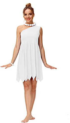 AOBUTE Halloween Damen Kostüm Wilma Erwachsene Weiß Flintstones One Shoulder Kleid M dchen