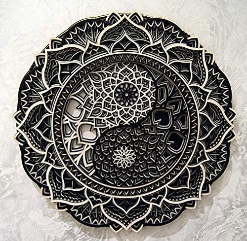 BHDecor Holz Yin Yang Mandala Wohnung Dekor Elegante Hauswandkunst Farbige Küche Hängende Chakra Spirituelle Yoga Meditation (45 x 45cm, Black/White)