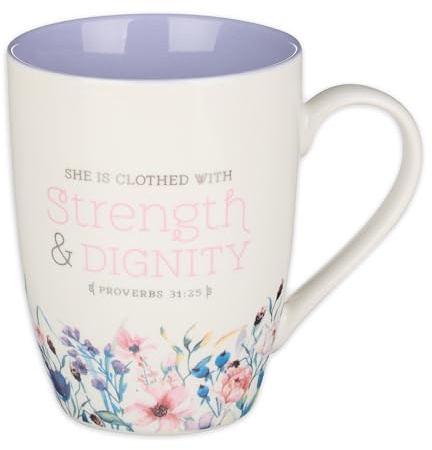 Christian Art Gifts Scripture Ceramic Encouraging Coffee and Tea Mug for Women: Strength and Dignity - Proverbs 31:25 Inspirational Bible Verse Cup for Hot and Cold Beverages, White & Lavender 12 oz.