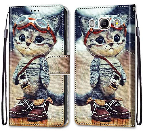 Mo-Somnus Kompatibel mit Samsung Galaxy J5 2016 / J510 Hülle, Leder Handyhülle mit Kartenfach Geld Slot Ständer PU Ledertasche Wallet Flip Brieftasche Magnetische Schutzhülle Case Etui (Katzen 1)
