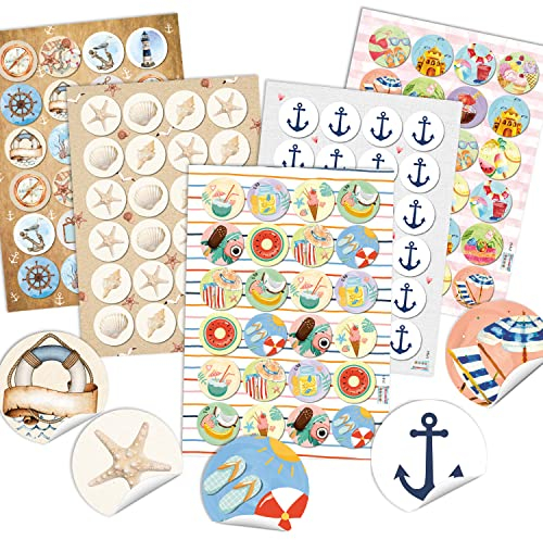 Maritime Sticker, 120er Set: Bunte Aufkleber mit Muscheln, Seestern, Anker, Rettungsring & Leuchtturm, Deko Sommer Klein, Meer & Strand, Maritim, Für Karten, Geschenke & Party, Dekosticker, Ø 4 cm