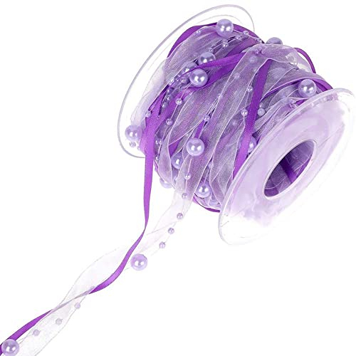 LUMoony 10M Perlengirlande mit Organza Perlengirlande Perlenkette Perlenschnur Geschenkband Schleifenband mit Perlen Deko Hochzeit Dekoband für Hochzeit Weihnachten Taufe Geburtstagsgeschenke
