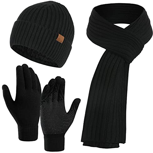 Kunyeah Mütze Schal Handschuhe Set Warm StrickmüTze Hut Lang Schal Touchscreen Handschuh Winter Accessoires für Herren Damen…