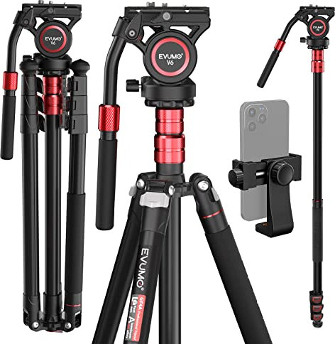 EVUMO Camera Tripod, 200cm/78.7'' Professional Tripod Camera Convertible To Overhead Monopod, Flexible Tripod With 360 Degrees Head Tripod For DSLR, Video Camcorder, Phone Clip, Max Load 12kg/26lbs