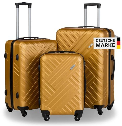 Xonic Design Reisekoffer - ABS Hartschalen Koffer mit 360° Leichtlauf-Rollen - hochwertiger Trolley mit Zahlenschloss in M-L-XL oder Set (Braun Gold, Set)