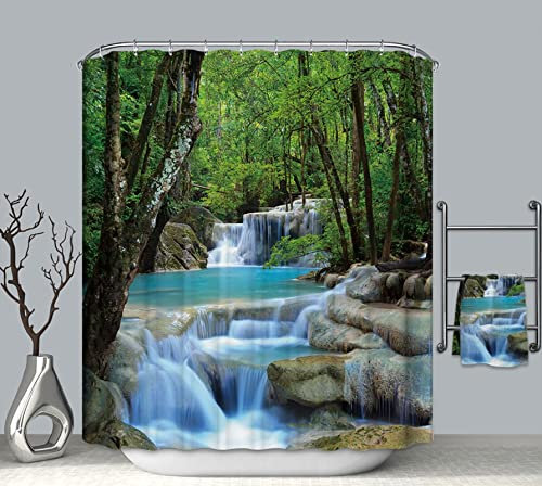 EHOMERY Cortinas Baño Caravana Cortina Ducha Camper Furgoneta Bosque Chorro Agua Cortinas De Baño Cortas Cortinas De Bañera Divertidas Polyester Verde Azul Ojales De Acero Inoxidable, 160X180Cm