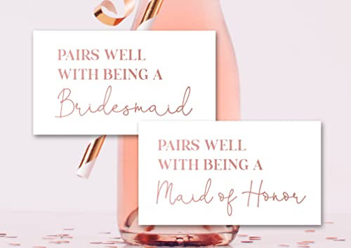 Pairs Well with Being a Bridesmaid Proposal, Maid of Honor Proposal Mini Champagne Bottle Labels - Set of 12 (Rose Gold - Not Foil)