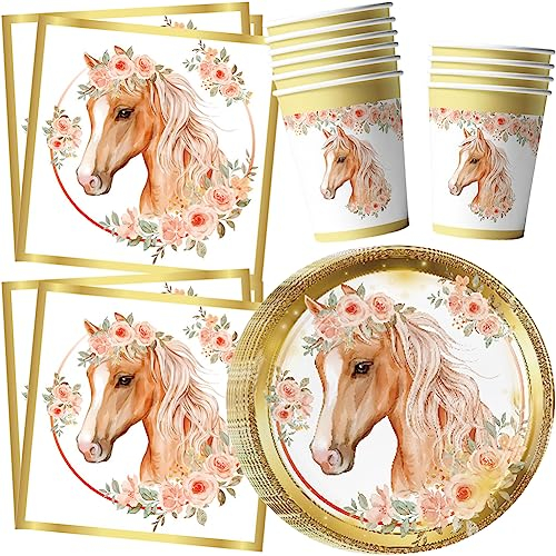 JAHEMU Vaisselle de Fête Anniversaire Chevaux Décorations Anniversaires Cheval Assiettes Gobelets et Serviettes de Cheval pour 10 Invités