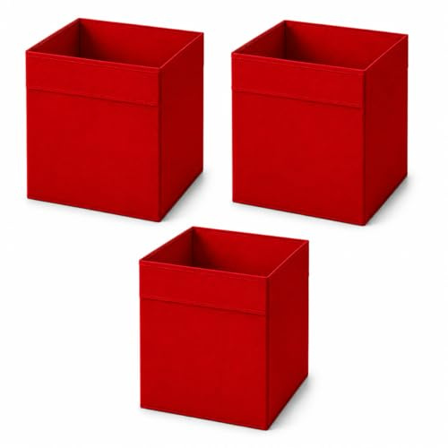 Princekingx Drona Storage Boxes – Foldable Kellax Shelf Insert Box – Cube Shaped Fabric Storage Organizer, 33x38x33cm Shelving Unit with Handle, For Home, Office Use, Baby Nursery (RED, 3 PACK)