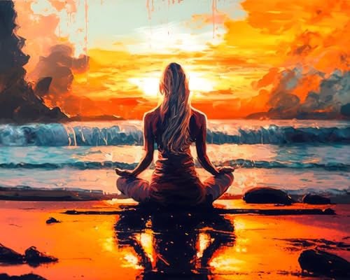 TISHIRON DIY Malen Nach Zahlen Frau Beim Yoga Strand Bei Sonnenuntergang Malen Nach Zahlen Für Erwachsene Kinder Auf Leinwand Malen Nach Zahlen Kit Für Erwachsene Anfänger 16x20 Zoll