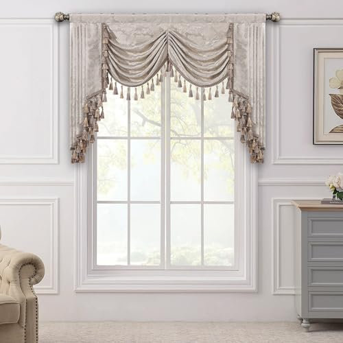 TOPLUXE Swag Volant Vorhang für Schlafzimmer Esszimmer Wohnzimmer Küche, Damast Kurzstore Waterfall Volant-Vorhang für Fenster 1 Stück (Breite 150cm, Beige & Gold)