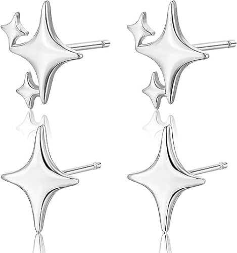 2 Paar Stern Ohrringe Silber Asymmetrische Ohrstecker Sterne Mode Ohrringe Damen Einfacher Ohrsteckerschmuck für tägliche Aktivitäten, Geburtstagsfeiern