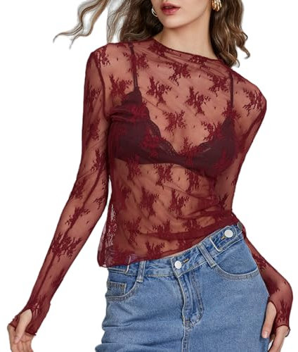 Womens Long Sleeve Sheer Mesh Top Floral Patterned Mock Neck See Through Layering Tees Shirts Sexy Y2K Top (Burgundy, L)