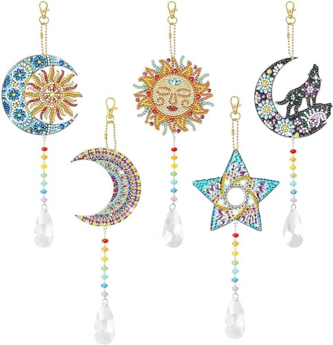 Erlsig 5Stück Diamond Painting Windspiele, 5pcs Diamant Malerei Windspiele Mond Set, 5D DIY Wind Chimes Anhänger Set Bastelset Kinder für Gartendeko Fensterdeko Bastelhandwerk
