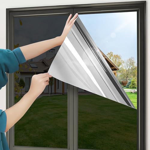 QOQIDUN One Way Window Film Heat Reflective Privacy Self Adhesive for Glass Windows, Anti Glare UV Sun Blocker Mirror Window Tint Film for Home and Office (Black-Silver, 40x400cm)