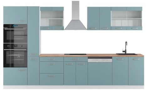 Vicco Küchenzeile R-Line, Blau-Grau/Weiß, 350 cm | 9 Module · Höhenverstellbare Füße · Arbeitsplatte Eiche · Robuste Fronten · Mit Backofen-/Mikrowellenschrank